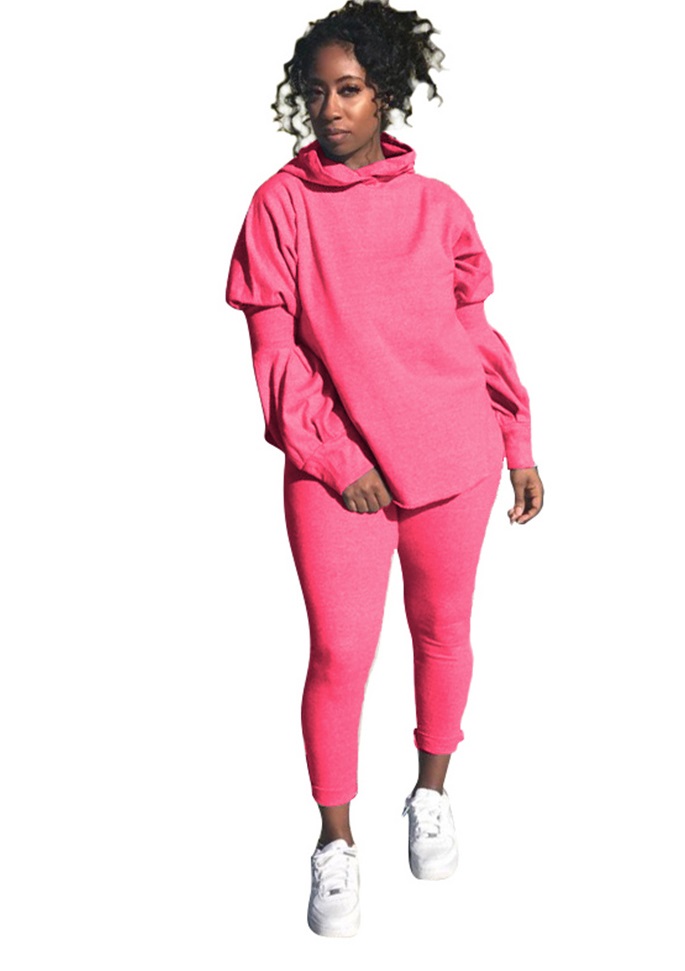 Autumn Solid Plain Matching Casual Hoody Top and Pants Set