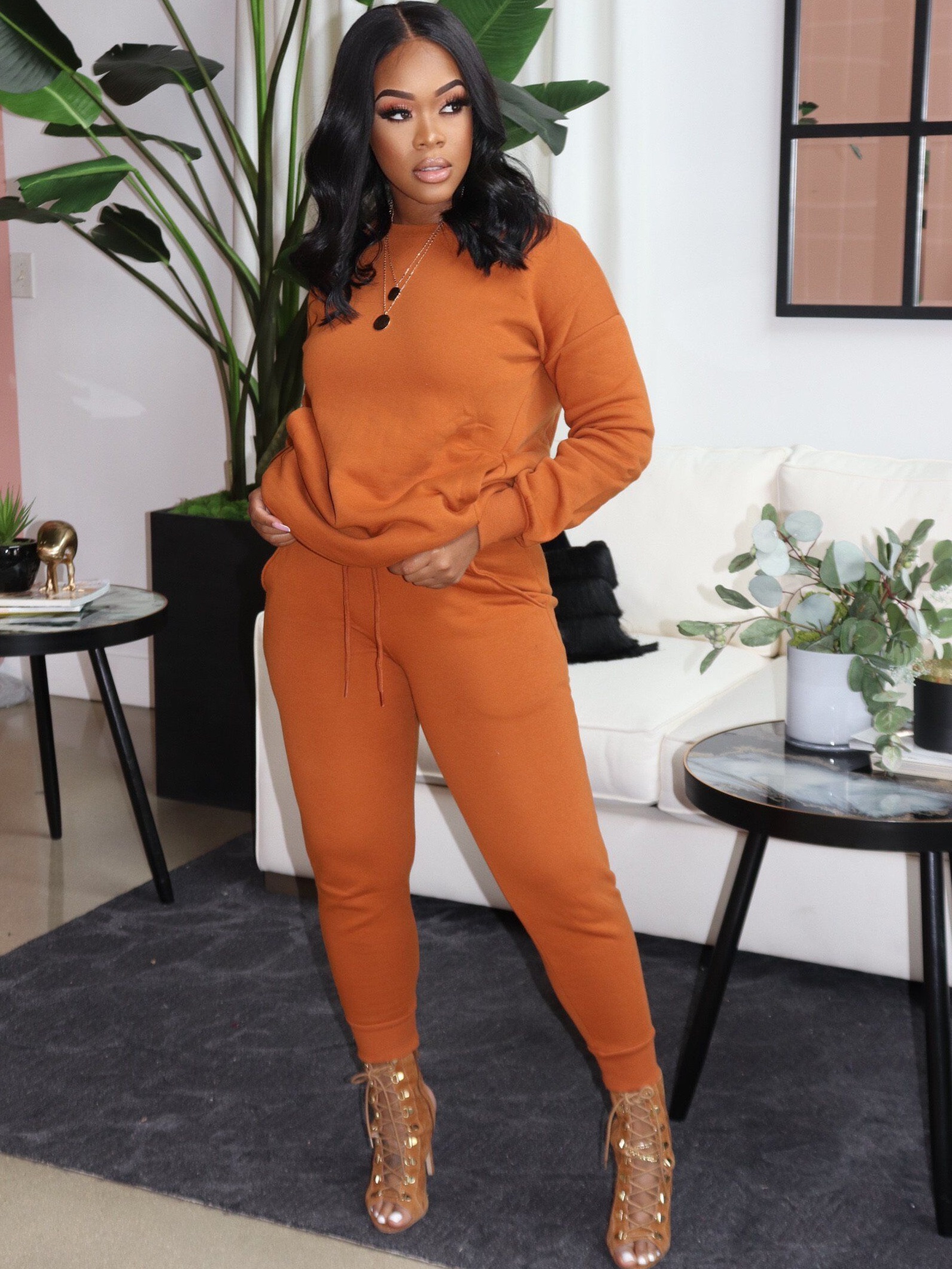 Autumn Casual Solid Plain Round Neck Sweatsuit