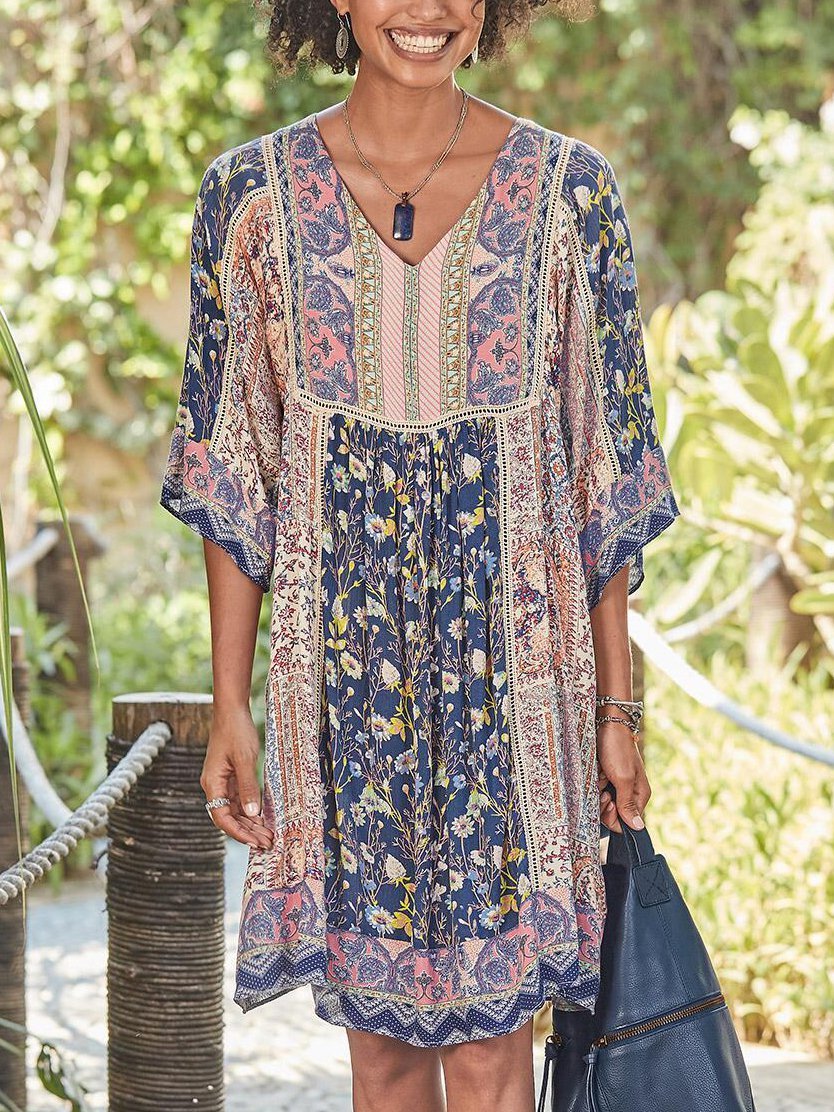 Half Sleeve Casual Cotton-Blend V Neck Dresses