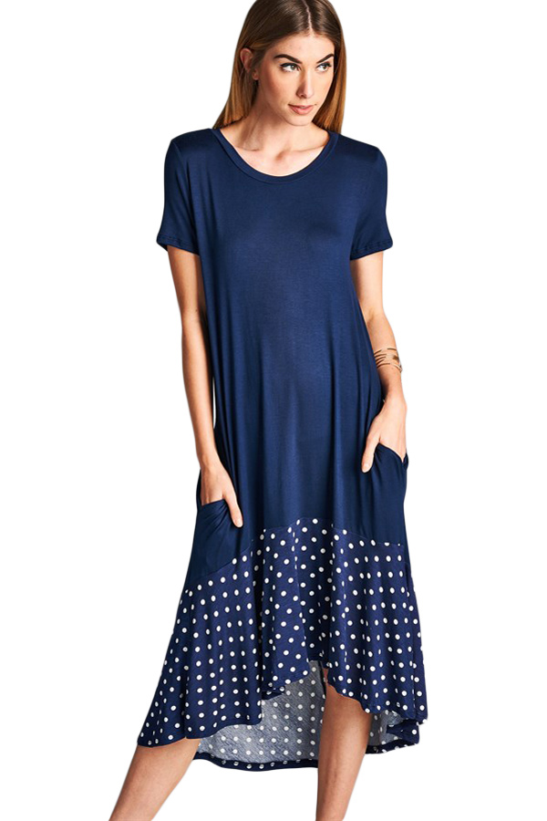 Navy Hi-low Dotted Ruffle Hem Midi Dress