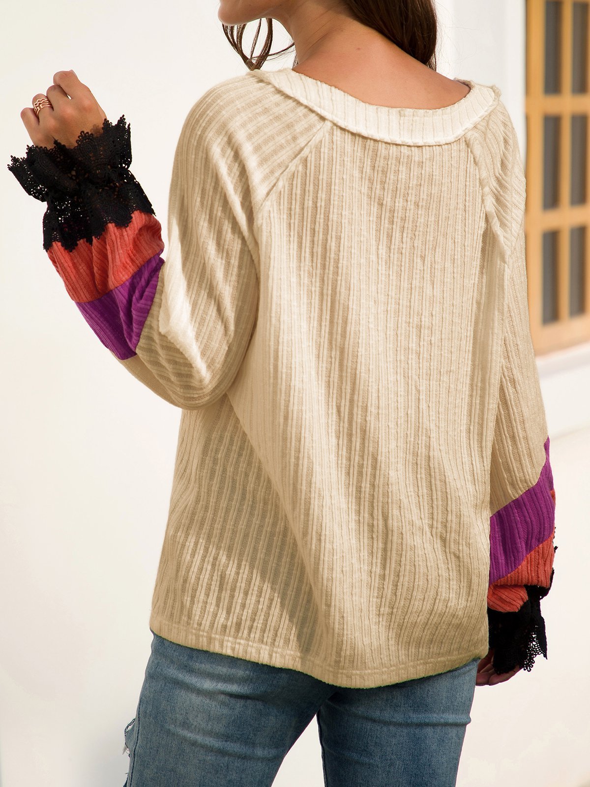 Casual V Neck Long Sleeve Beaded Shift Sweaters