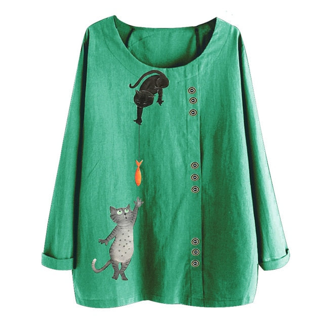 Cat Fish Print Shirt Round Neck Long Sleeve Cotton Linen Casual Blouse