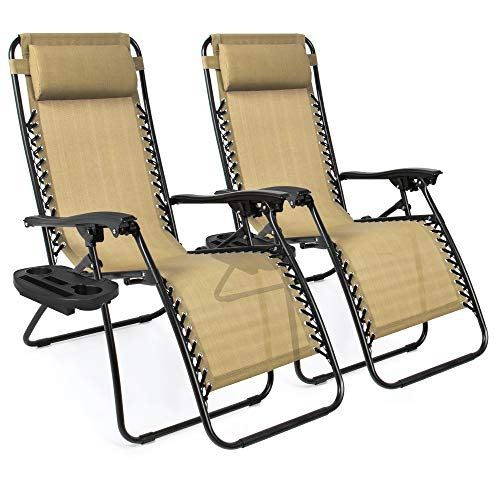 Best Choice Products Set of 2 Adjustable Steel Mesh Zero Gravity Lounge Chair Recliners w/Pillows and Cup Holder Trays, Beige