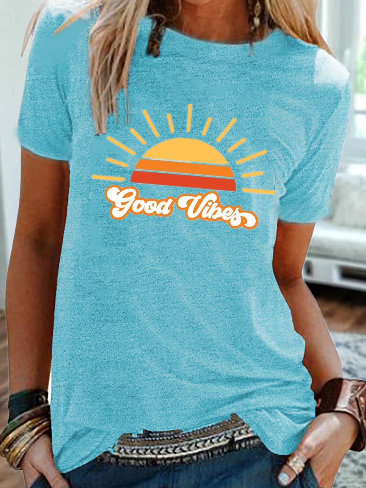 Vintage Short Sleeve Sunshine Good Vibes Letter Printed Plus Size Casual Tops