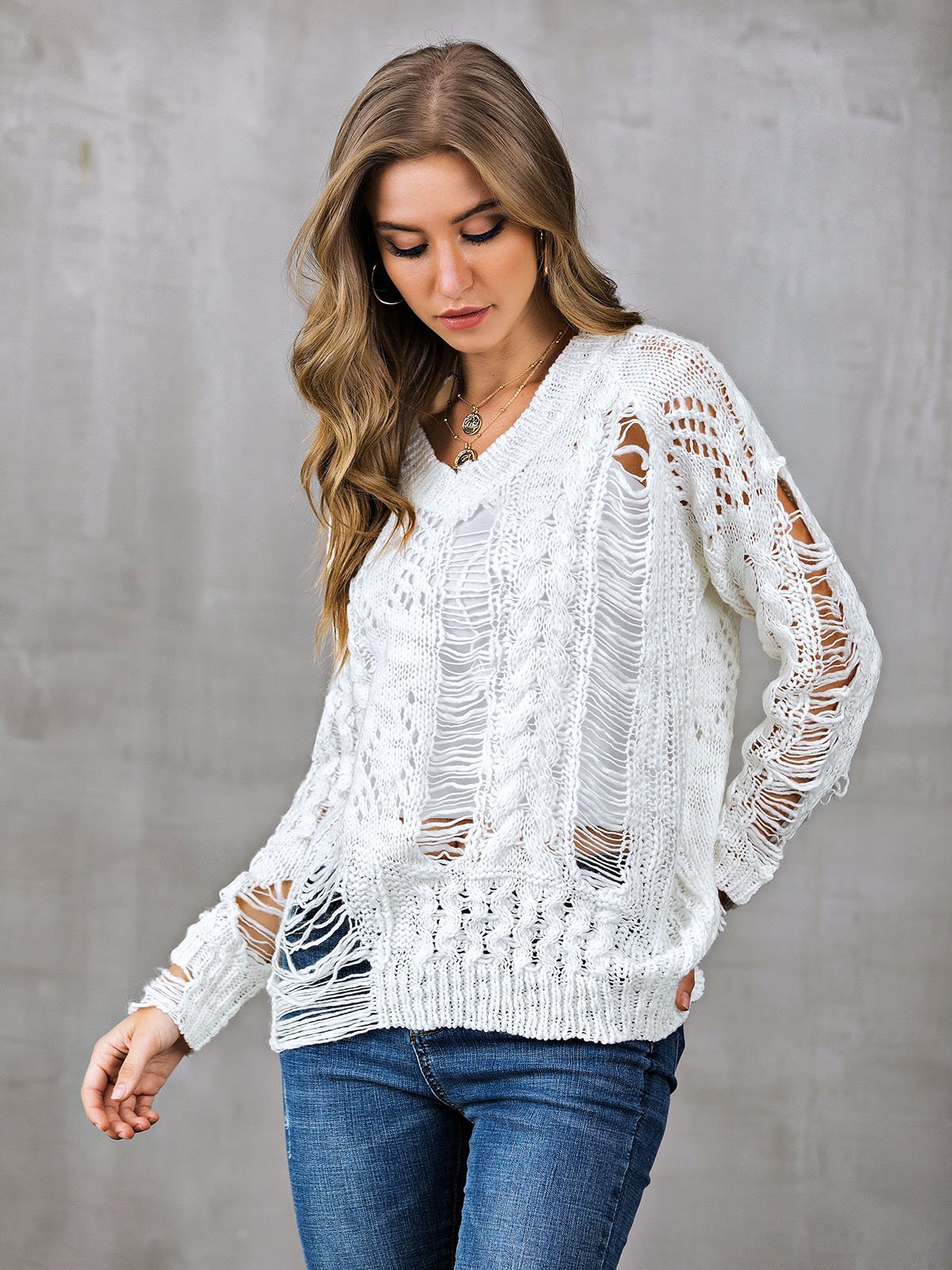 V Neck Casual Long Sleeve Ripped Sweaters
