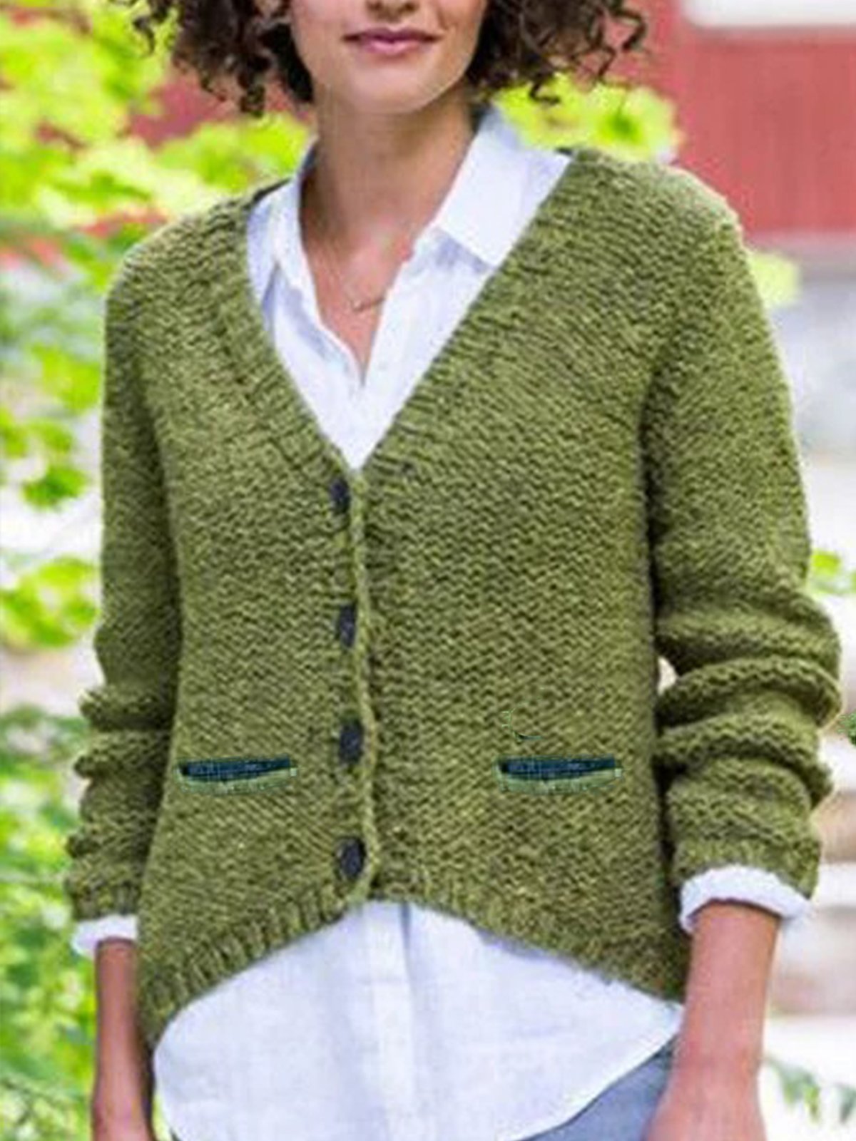 Casual Plain Knitted V-neck Long Sleeve Buttoned Sweater