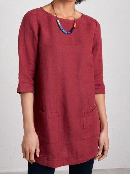 Pockets 3/4 Sleeve Solid Shirts & Tops
