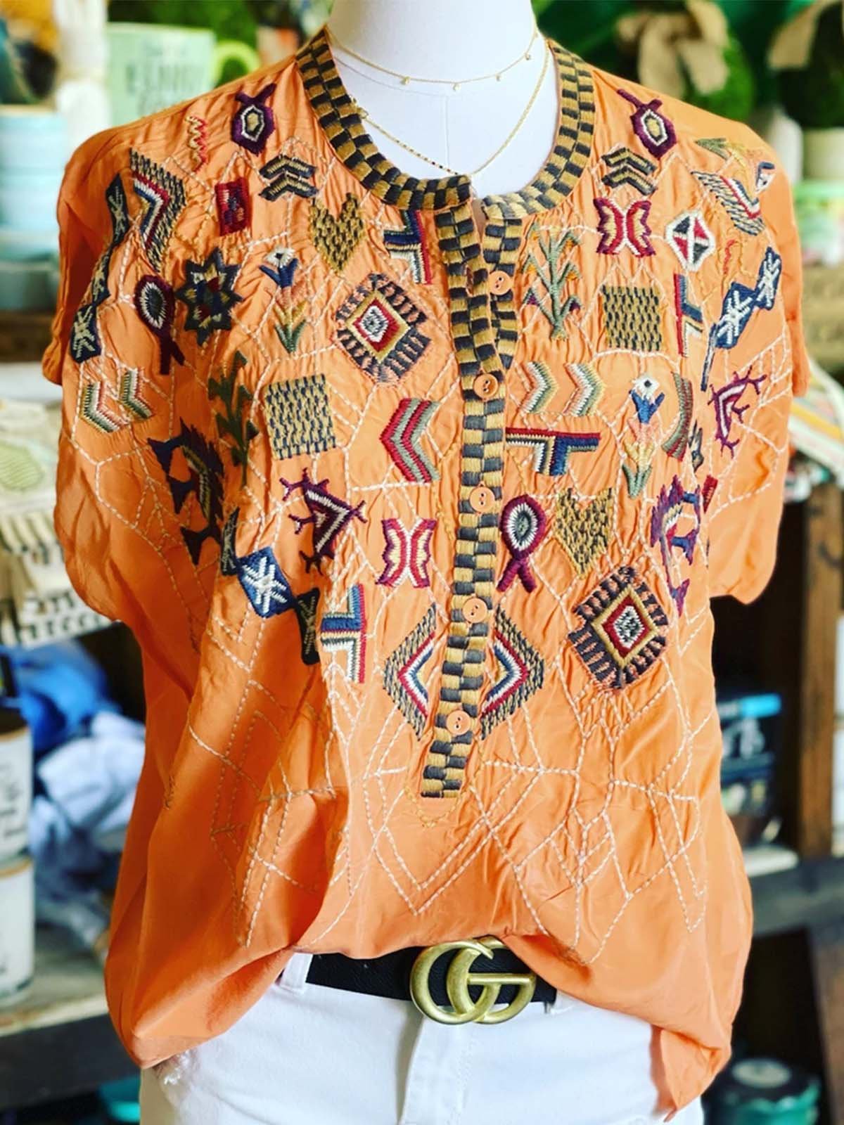 Cotton-Blend Crew Neck Holiday Short Sleeve Shirts & Tops