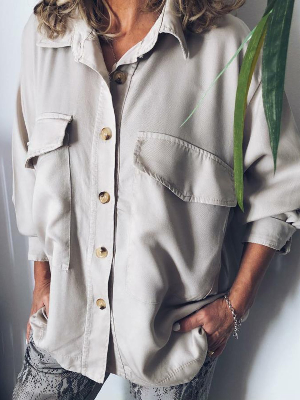 Plus Size Casual Long Sleeve  Solid Tops