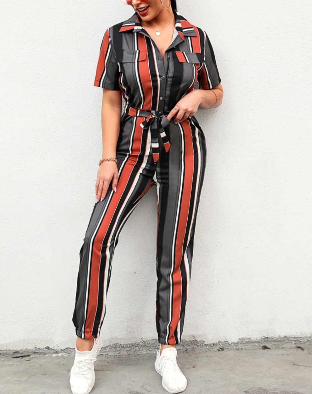 Summer Casual Striped Jumpsuit with Belt