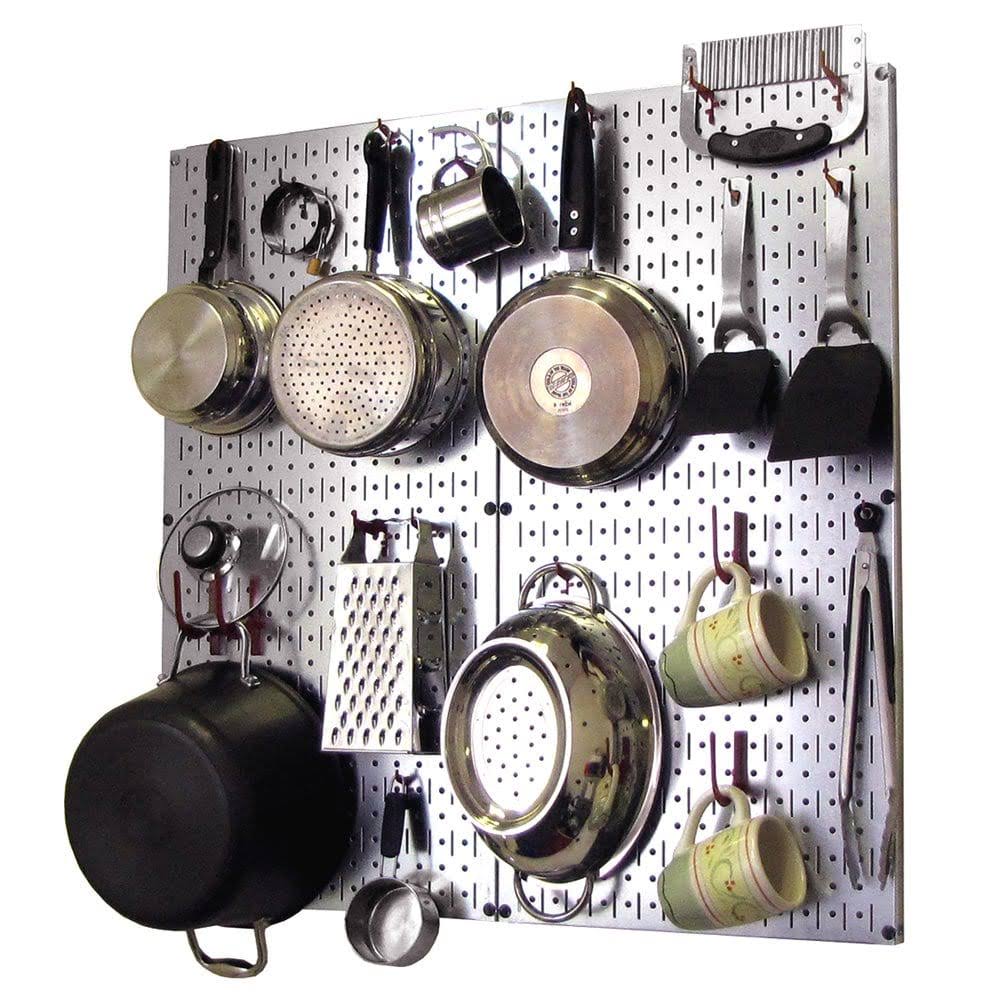 Wall Control Kitchen Pegboard Organizer Pots and Pans Pegboard Pack Storage and Organization Kit with Metallic Silver Pegboard a