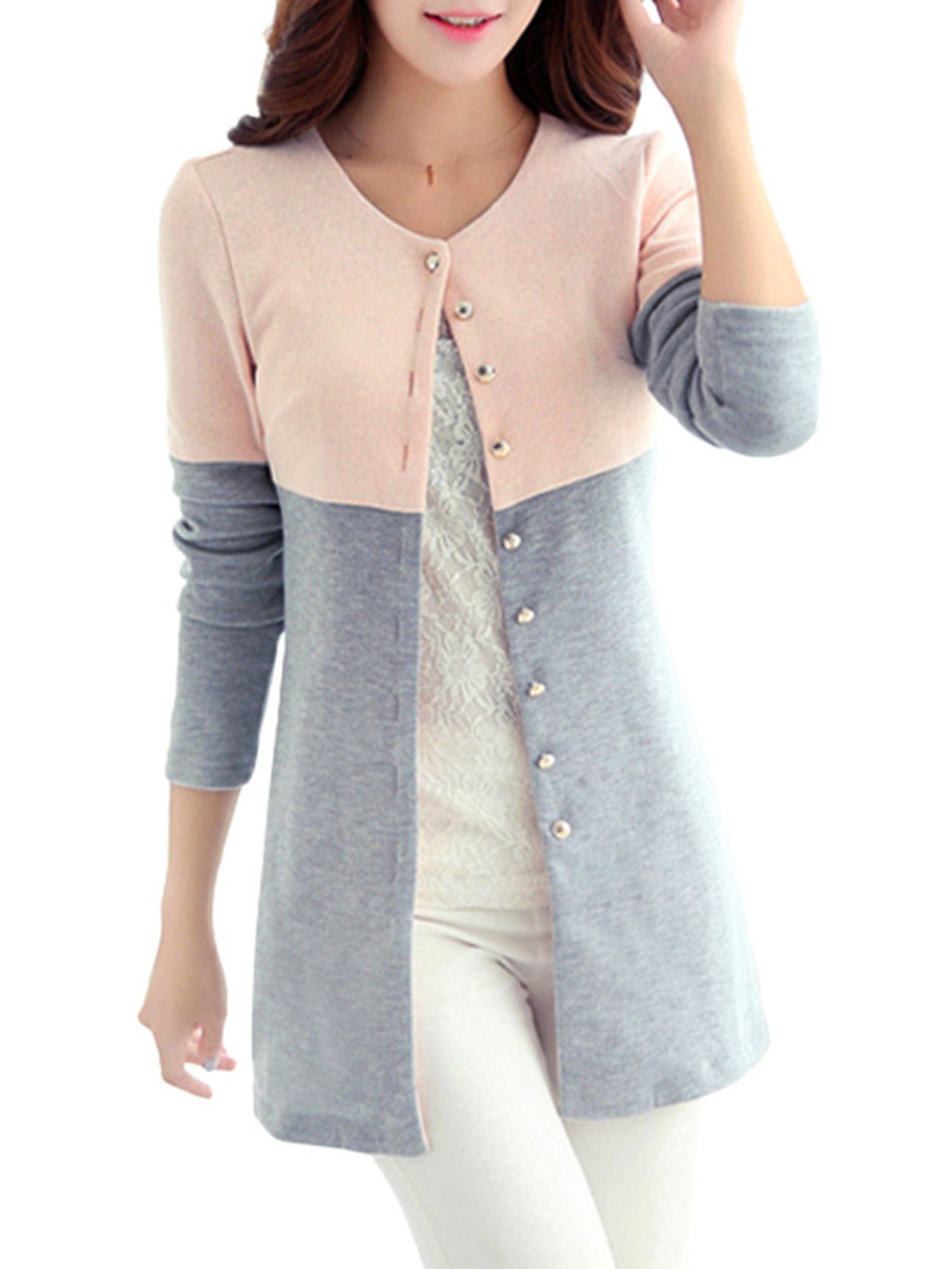 Color-block Casual Crew Neck Knitted Coat