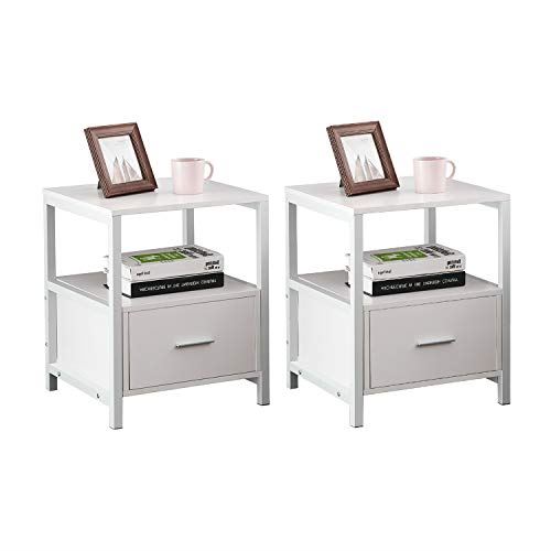 VECELO 2-Tier Metal Frame Nightstand w/ Drawe for Bedroom, Living Room/ 2 Pack