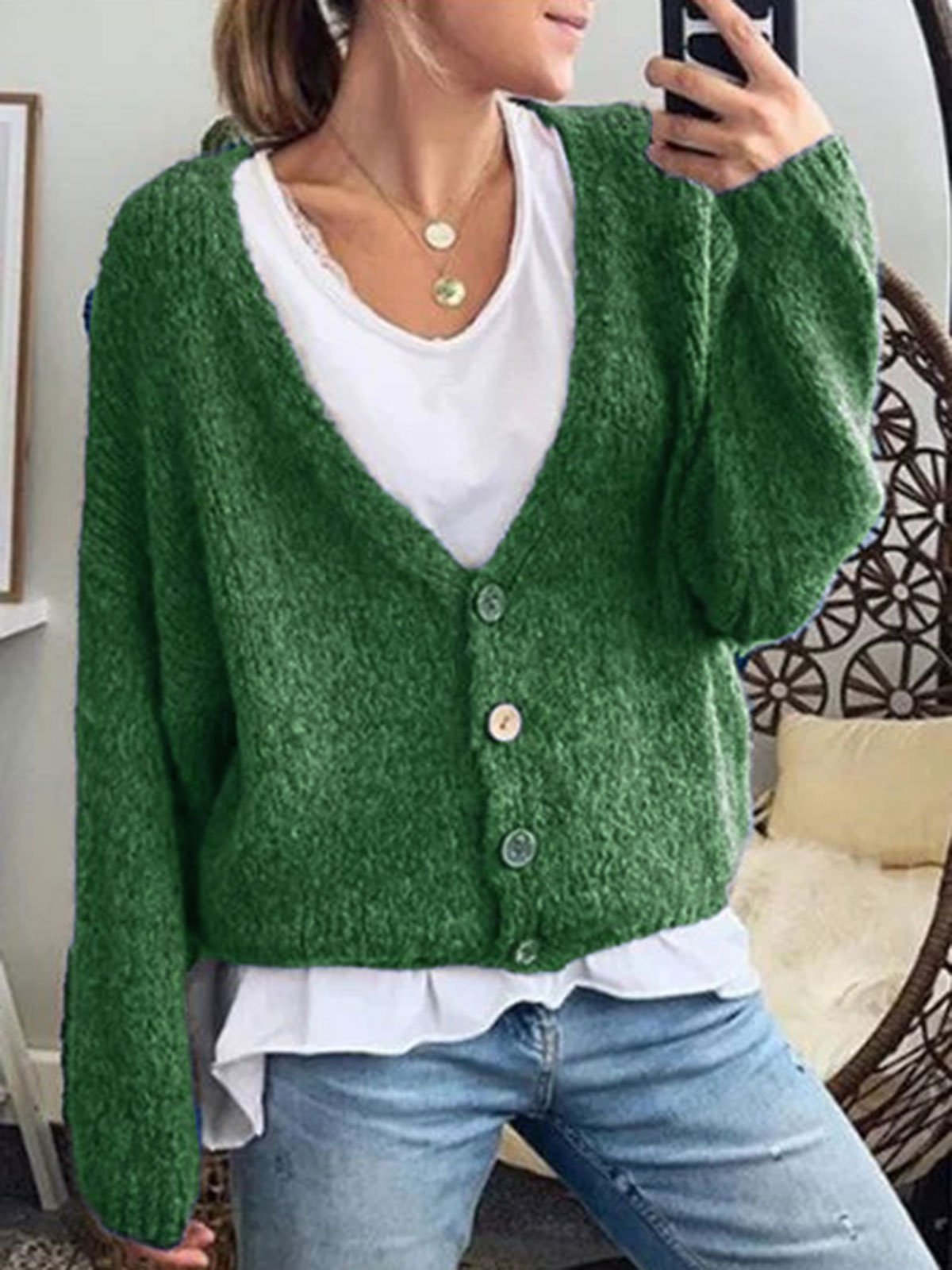 Cotton-Blend Long Sleeve Plain V Neck Outerwear