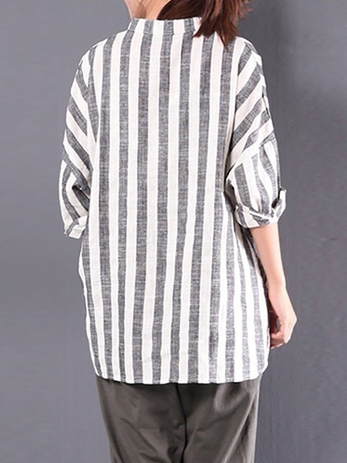 V neck Stripe Striped Casual Linen Blouse