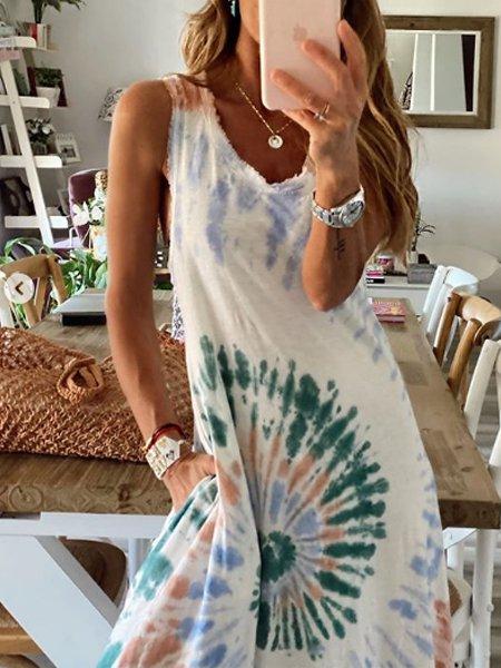 White Sleeveless Ombre/tie-Dye A-Line Cotton Dresses