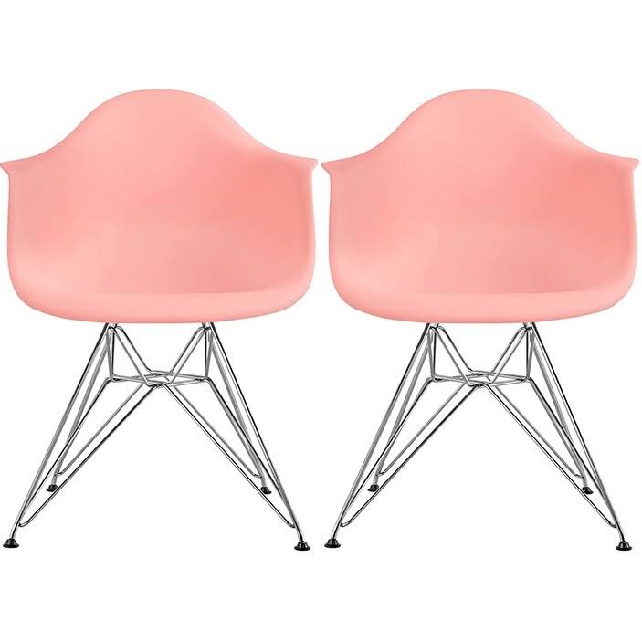 Set of 2 Plastic Eiffel Molded Shell Retro Dining Chairs Accent for Living Room Kitchen Chrome Desk Designer Office - Coral Pink