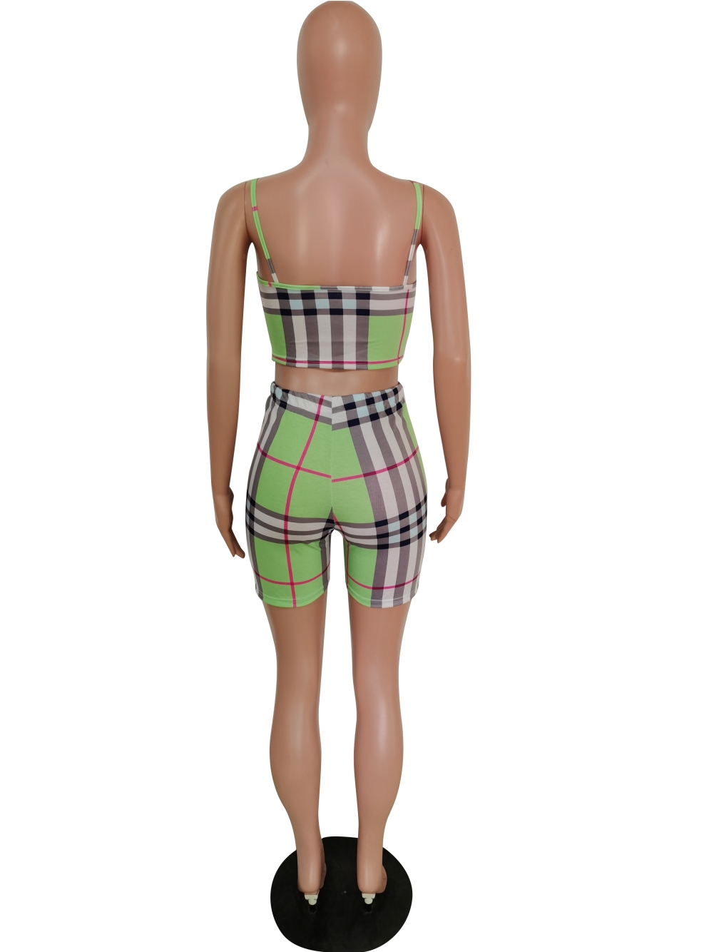 Plaid Print Sexy Strap Crop Top and Biker Shorts Set