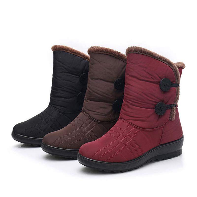 Women Snow Mid Calf Booties Casual Button Comfort Warm Shoes