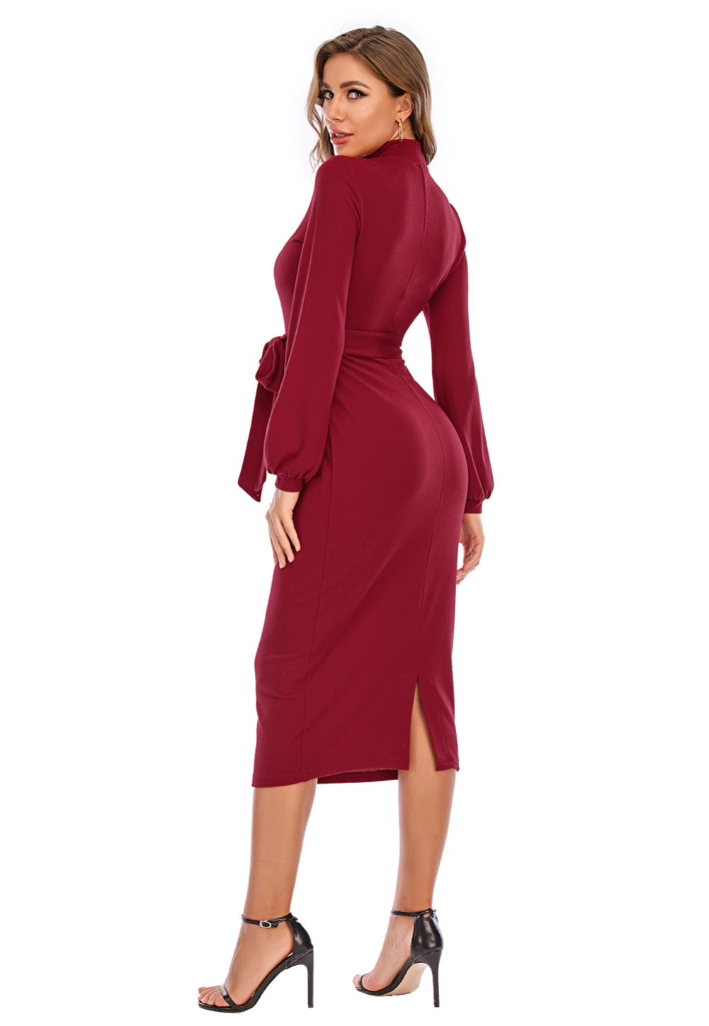 Falls Elegant Plain Midi Dress with Belt