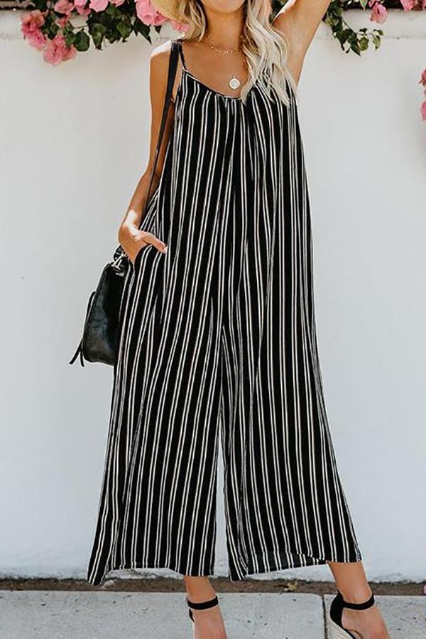Fashion Sling Striped Broad Leg Sleeveless Jumpsuits