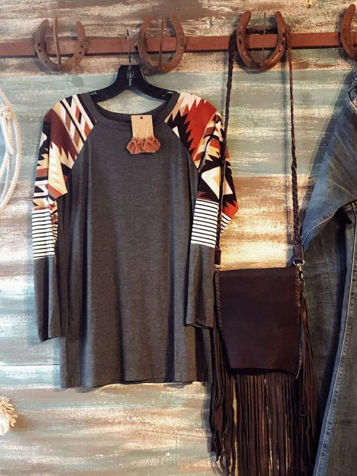 Boho Crew Neck Long Sleeve Shirts & Tops