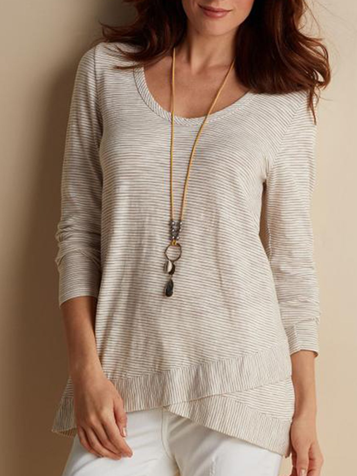 Beige Striped Paneled 3/4 Sleeve Crew Neck Shirts & Tops