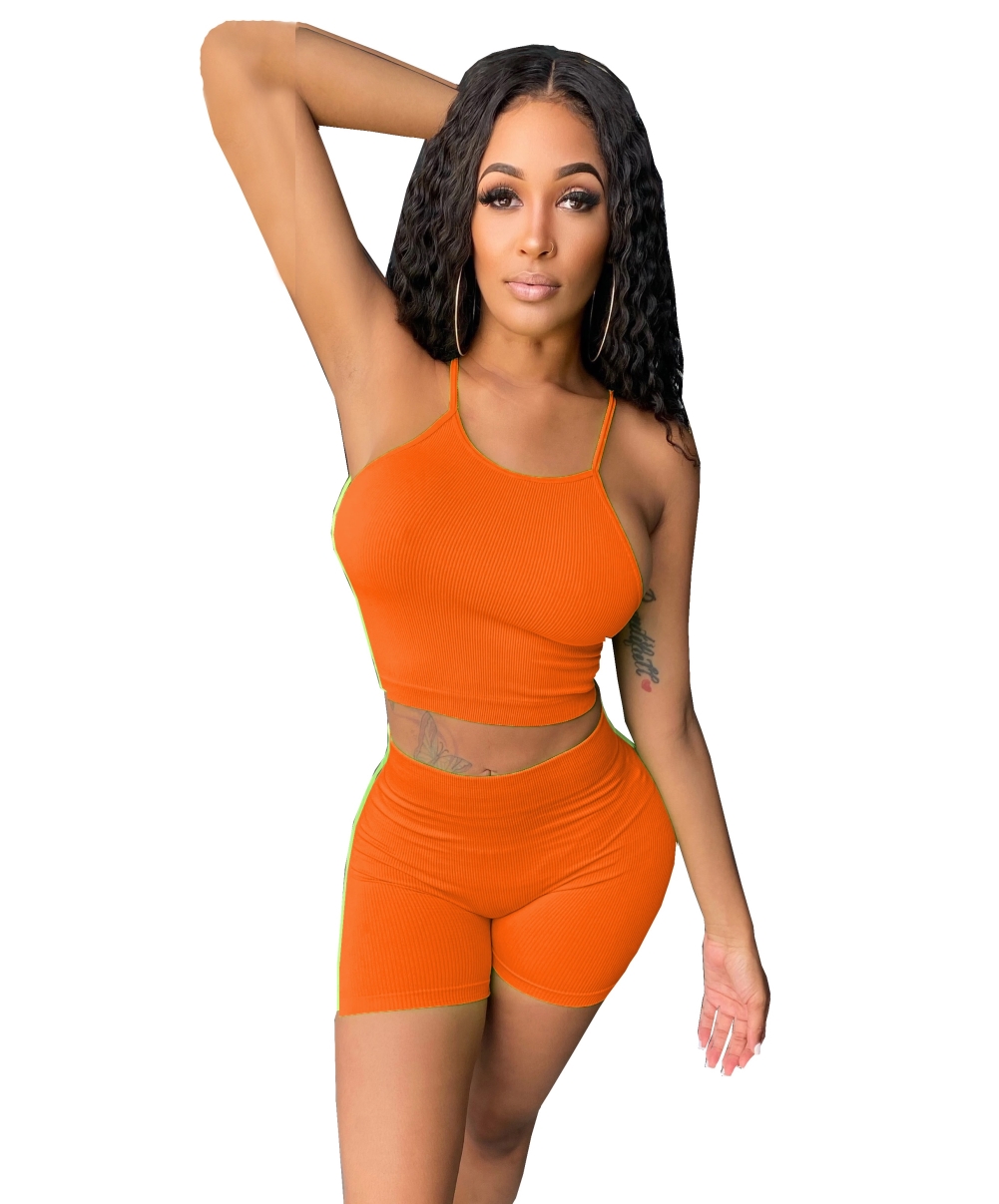 Summer Plain Halter Crop Top and Biker Shorts Set