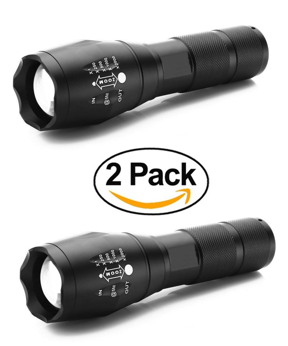 Tactical LED Flashlight [2 Flashlights] – Portable Ultra Bright Zoomable Flashlight with Adjustable Focus and 5 Mode – Water Resistant LED Torch – 2 Pack