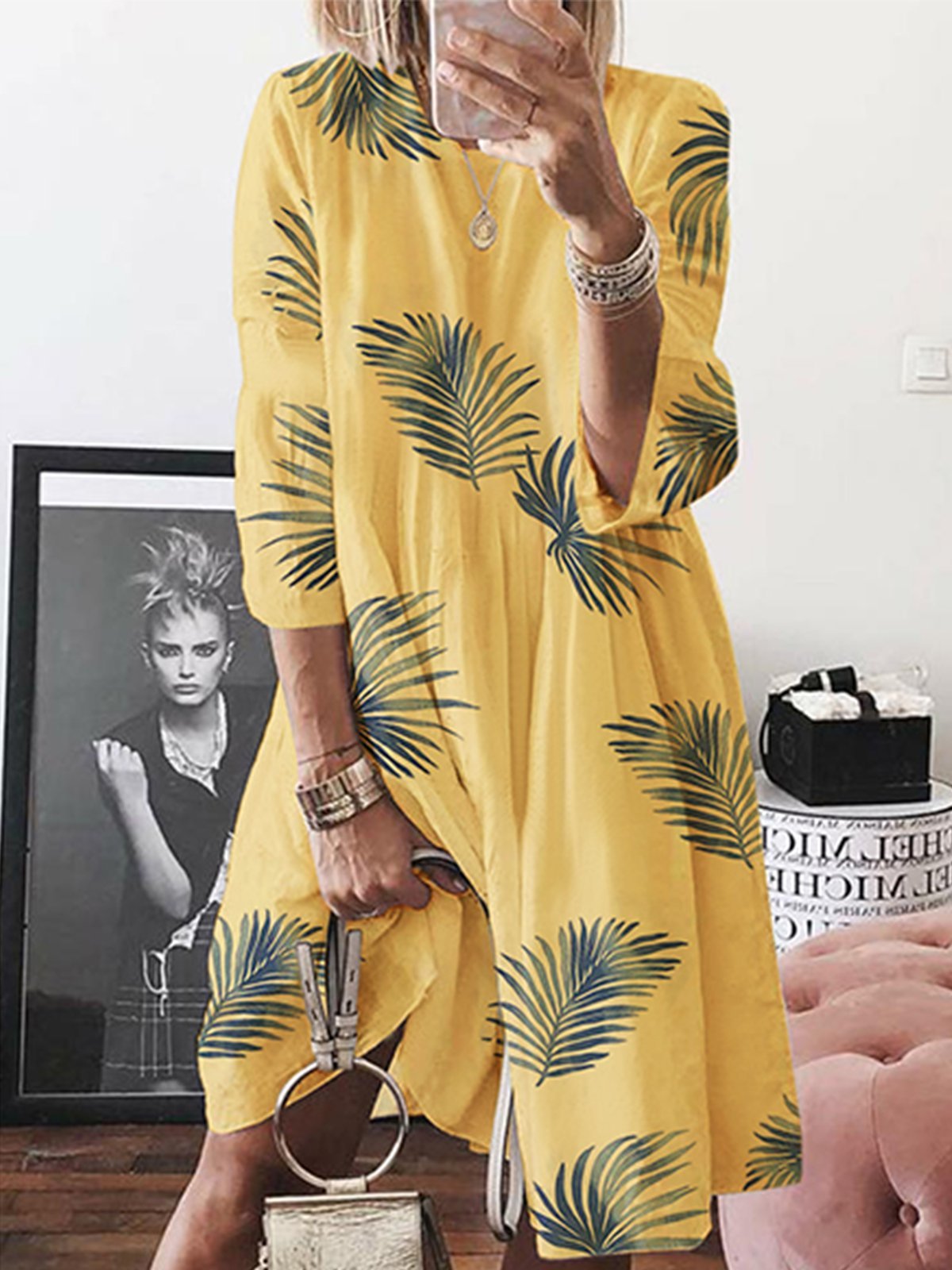 A-Line Half Sleeve Printed Cotton-Blend Dresses