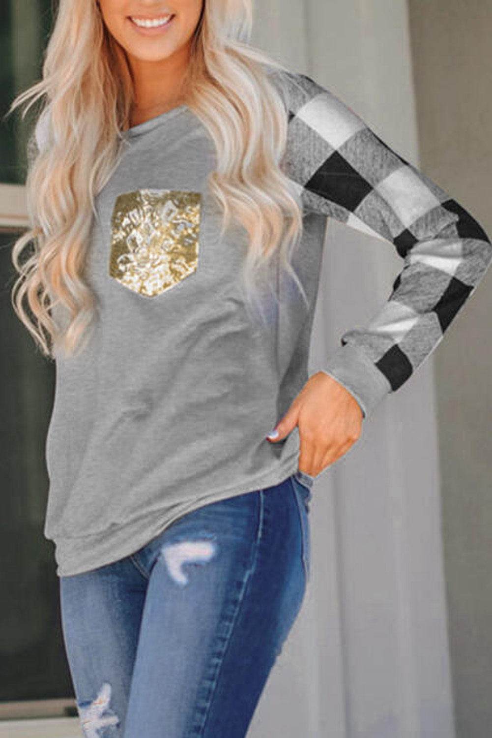 经典格纹拼接长袖亮片口袋浅灰色休闲宽松上衣