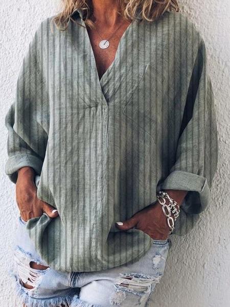 Plus Size Casual V Neck Long Sleeve Tops