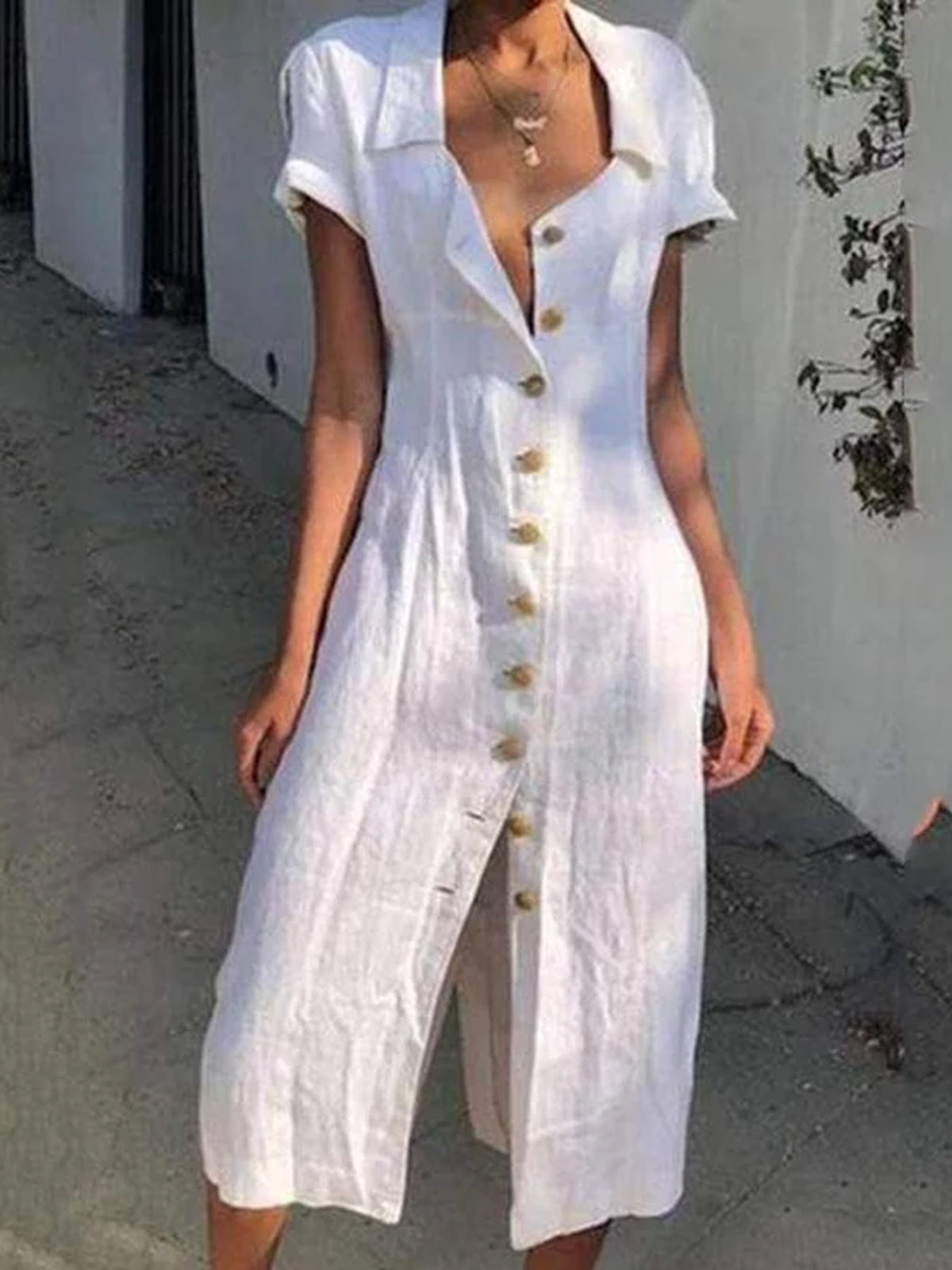 Fold Over Collar  Single Breasted  Plain Shift Dress