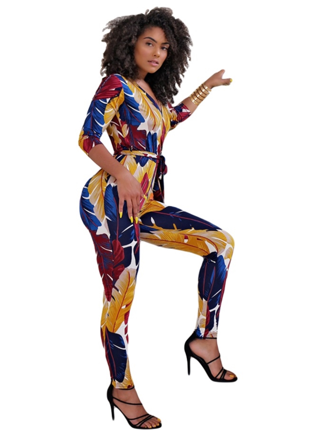 Print Colorful V-Neck Bodycon Jumpsuit