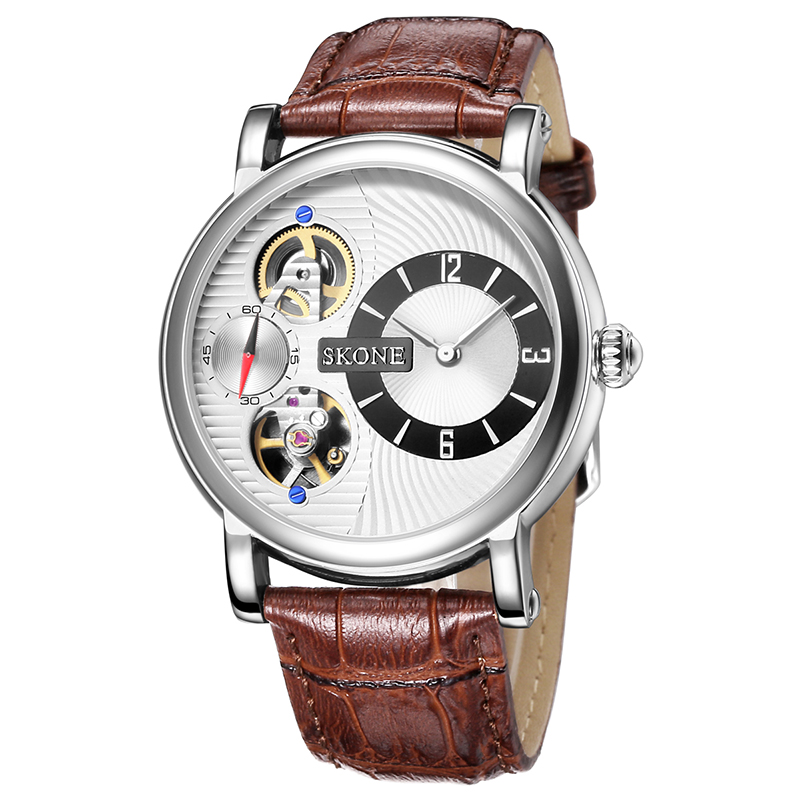 SKONE Automatic Mechanical Watches Men Luxury Brand Genuine Leather Watch Mechanical Self-Wind Quartz Dual Movement reloj hombre