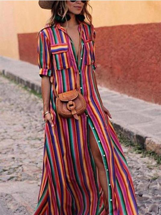 Button Down Collar  Stripes  Roll Up Sleeve  Half Sleeve Maxi Plus Size Dress