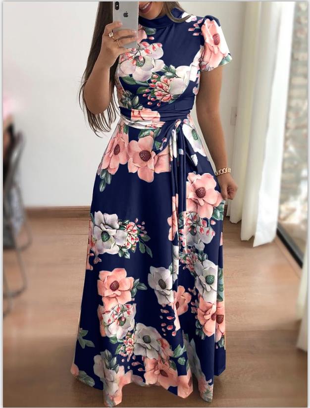 Short Sleeve Floral Long Dress with Belt