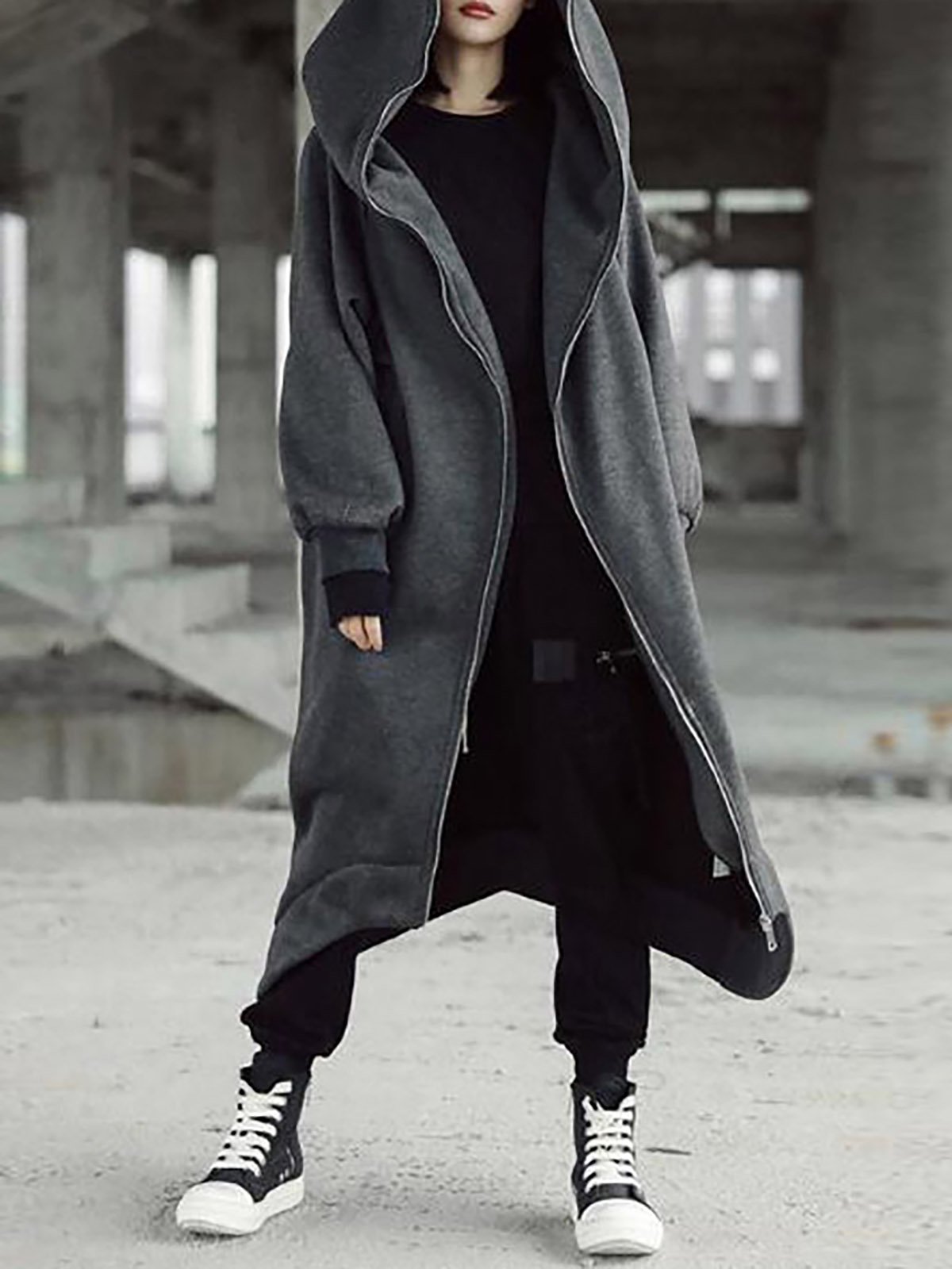 Hooded Long Sleeve Zip Irregular Long Coat