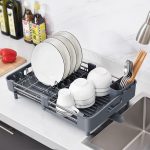 Dish Drying Rack Adjustable Kitchen Plates Organizer with Drainboard over Sink Countertop