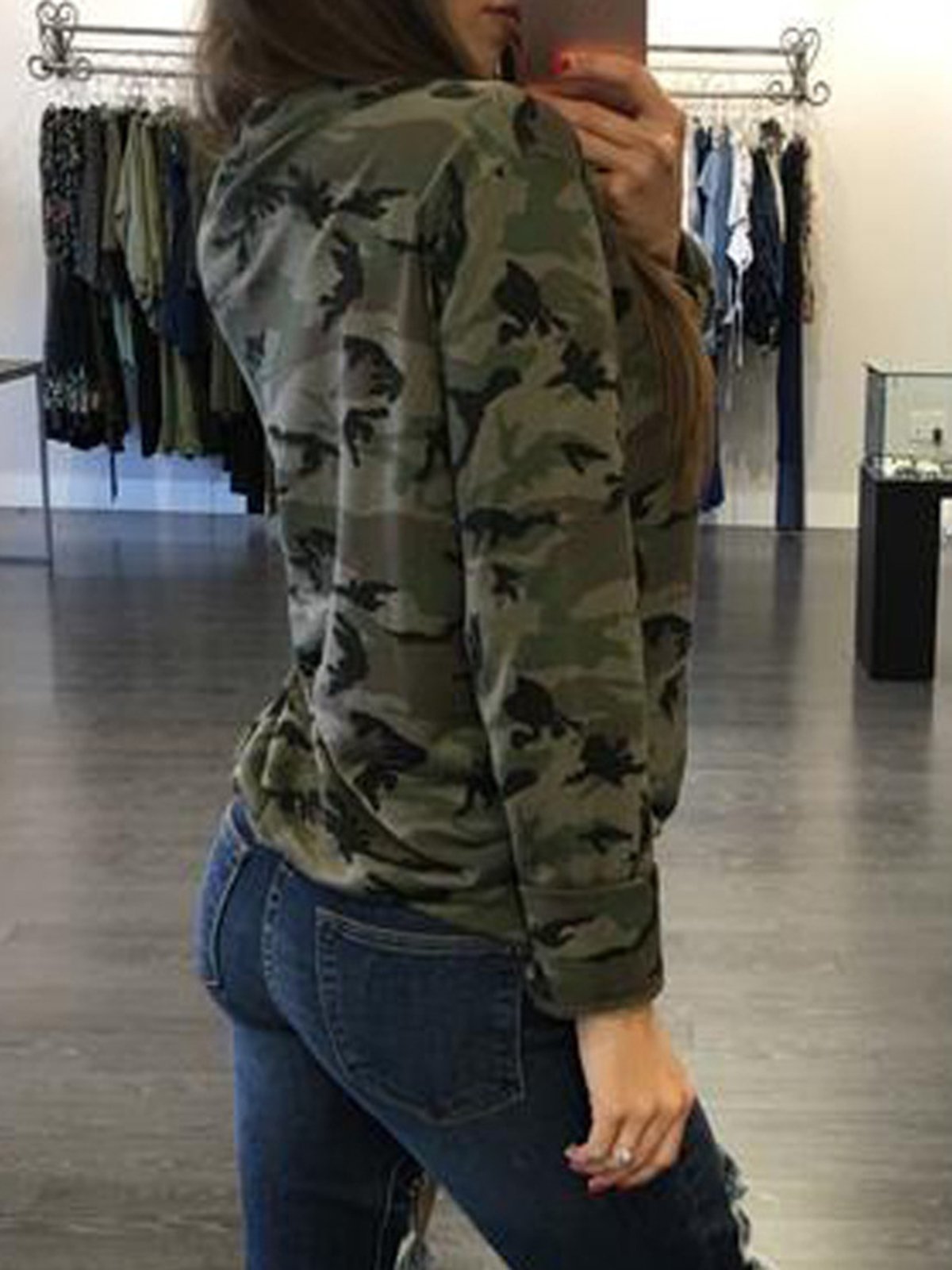 Women Camo Lace Up V Neck Top