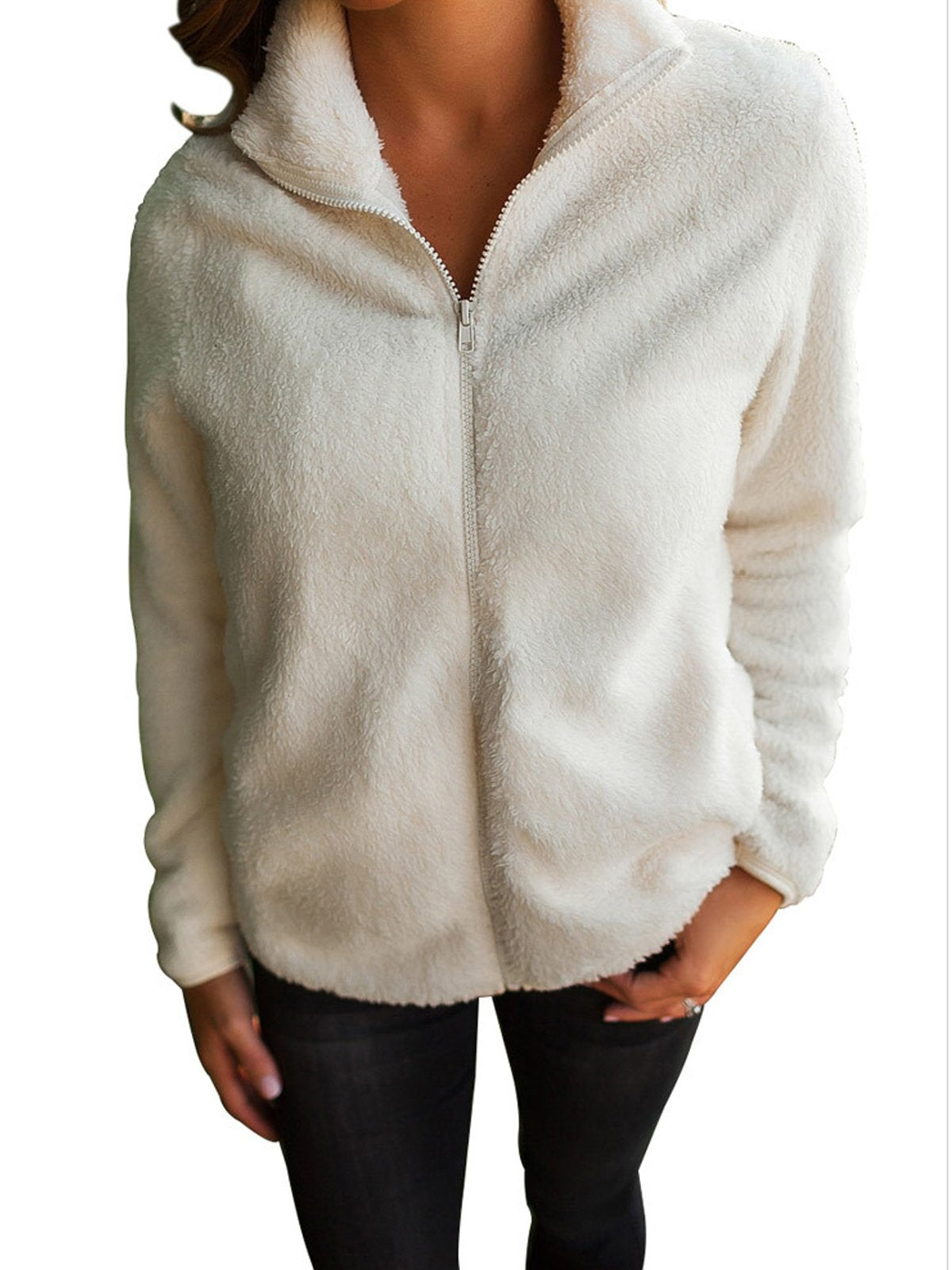 Lapel Solid Color Zipper Slim Fleece Jacket