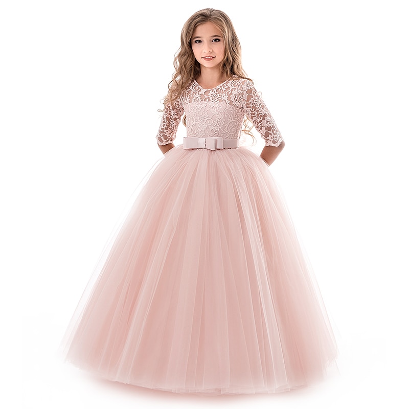 New Princess Lace Dress Kids Flower Embroidery Dress For Girls Vintage Children Dresses For Wedding Party Formal Ball Gown 14T
