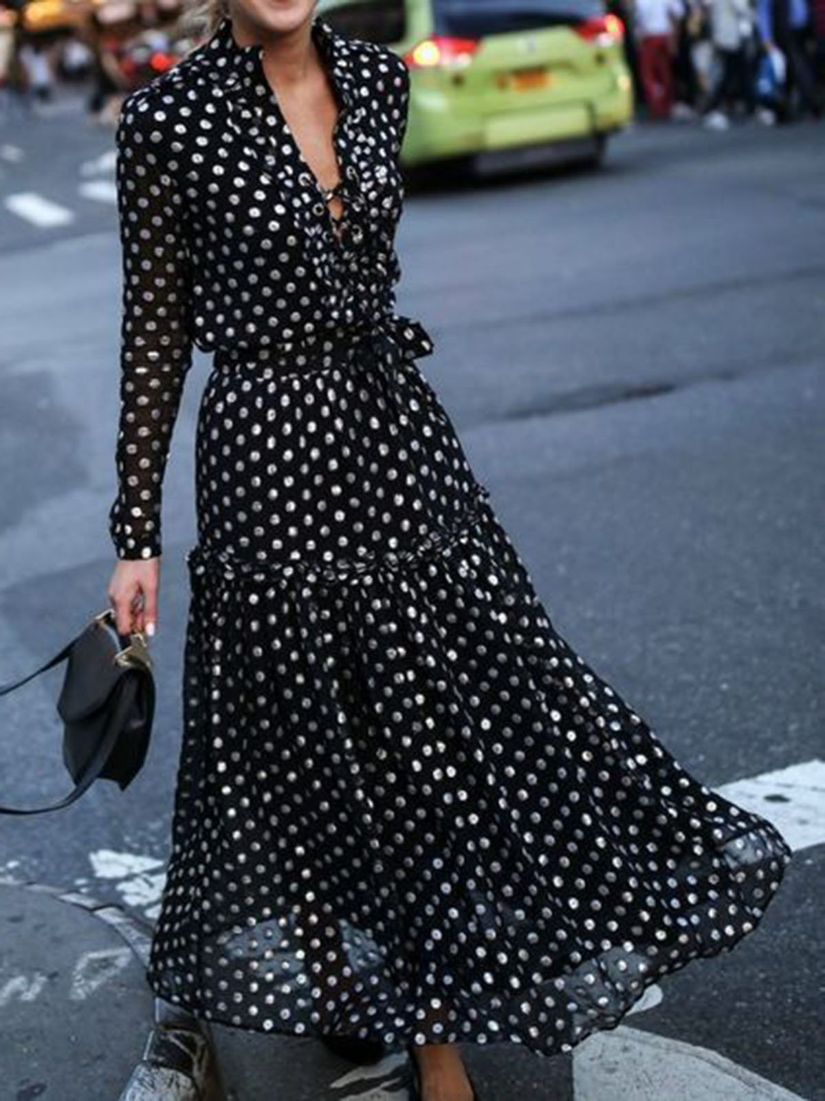 Plus Size Women Date Chiffon Long Sleeve Elegant Paneled Polka Dots Maxi Dress