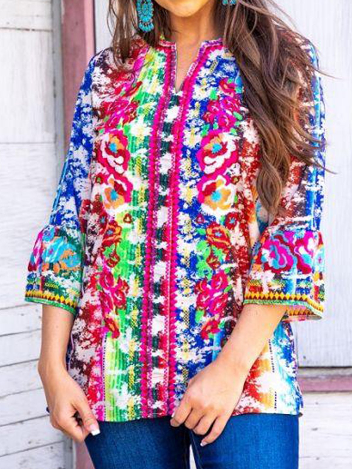 Floral 3/4 Sleeve Vintage Printed Shirts & Tops