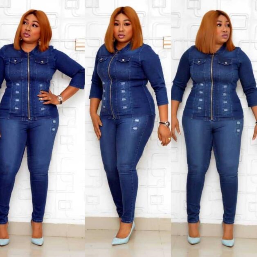Plus Size African Two Piece Blue Jeans Set
