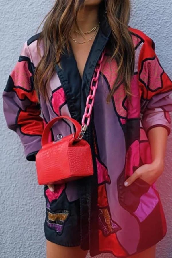 Women's Fashion Printed Color Turndown Collar Loose Overcoat