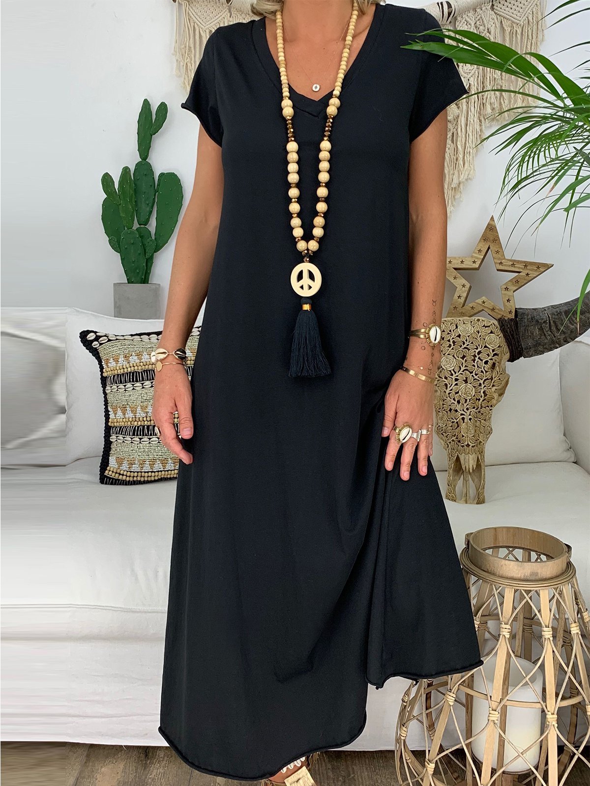 Casual V Neck Solid Short Sleeve Dresses