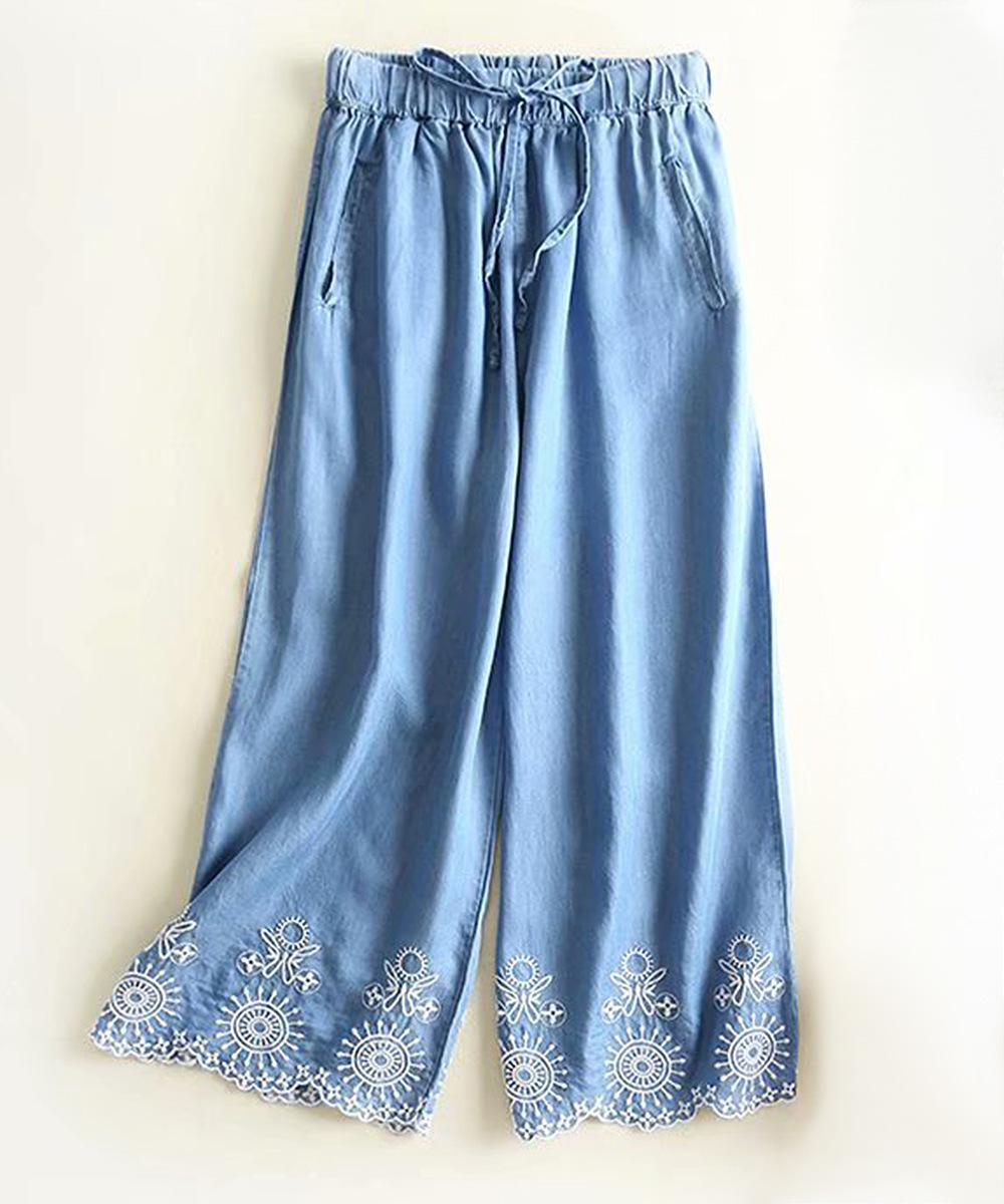 Women's Embroidered-Trim Denim Gaucho Pants