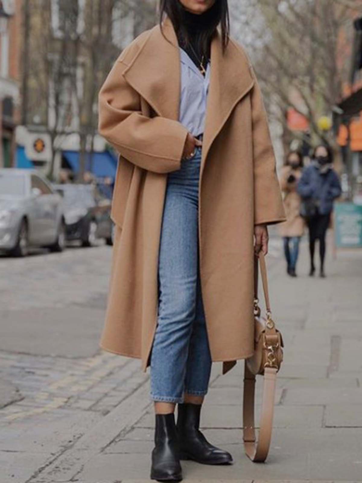 Camel Long Sleeve Plain V Neck Outerwear