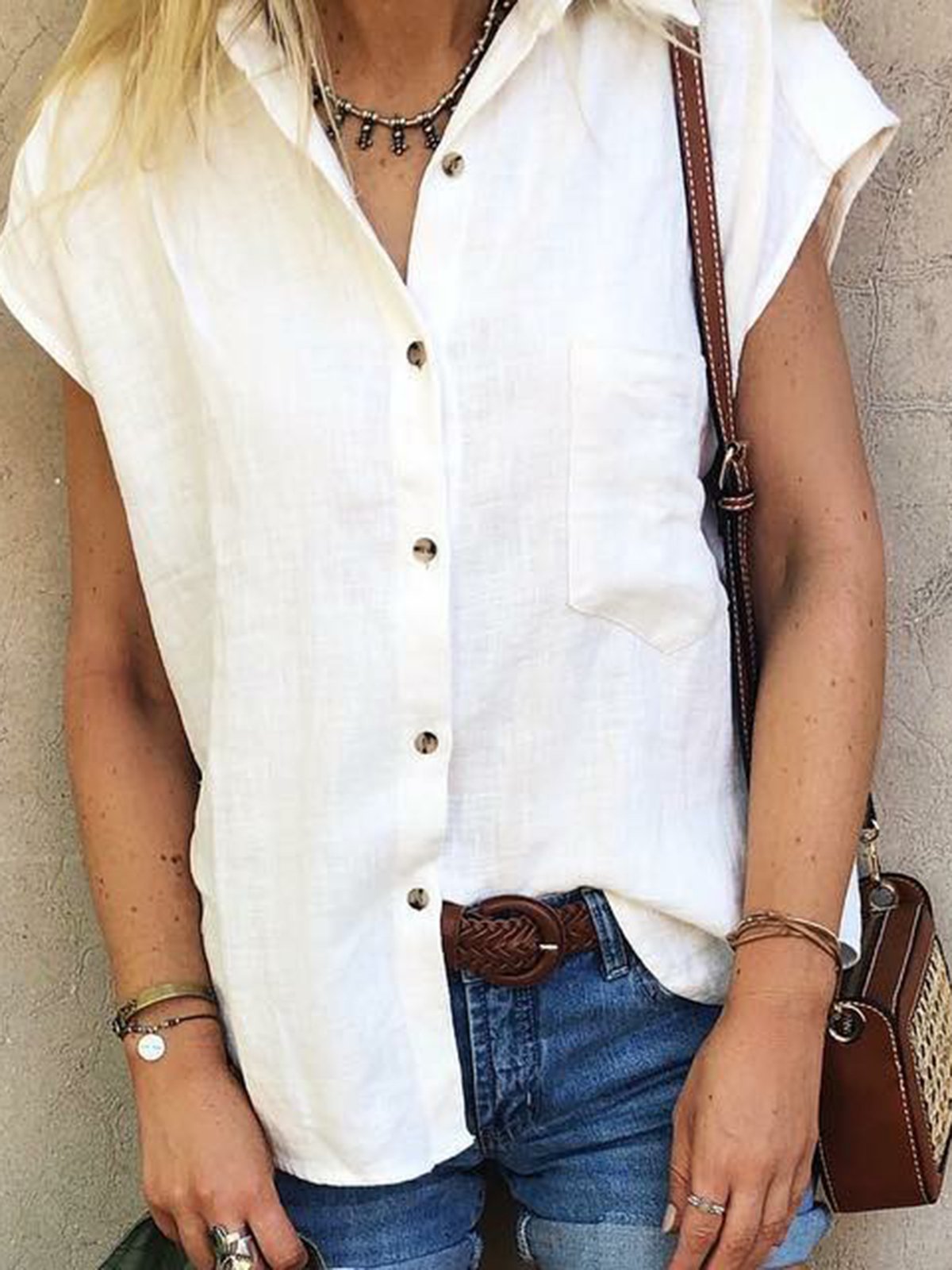 Casual Plain Shirt Collar Cotton-Blend Blouses&shirts